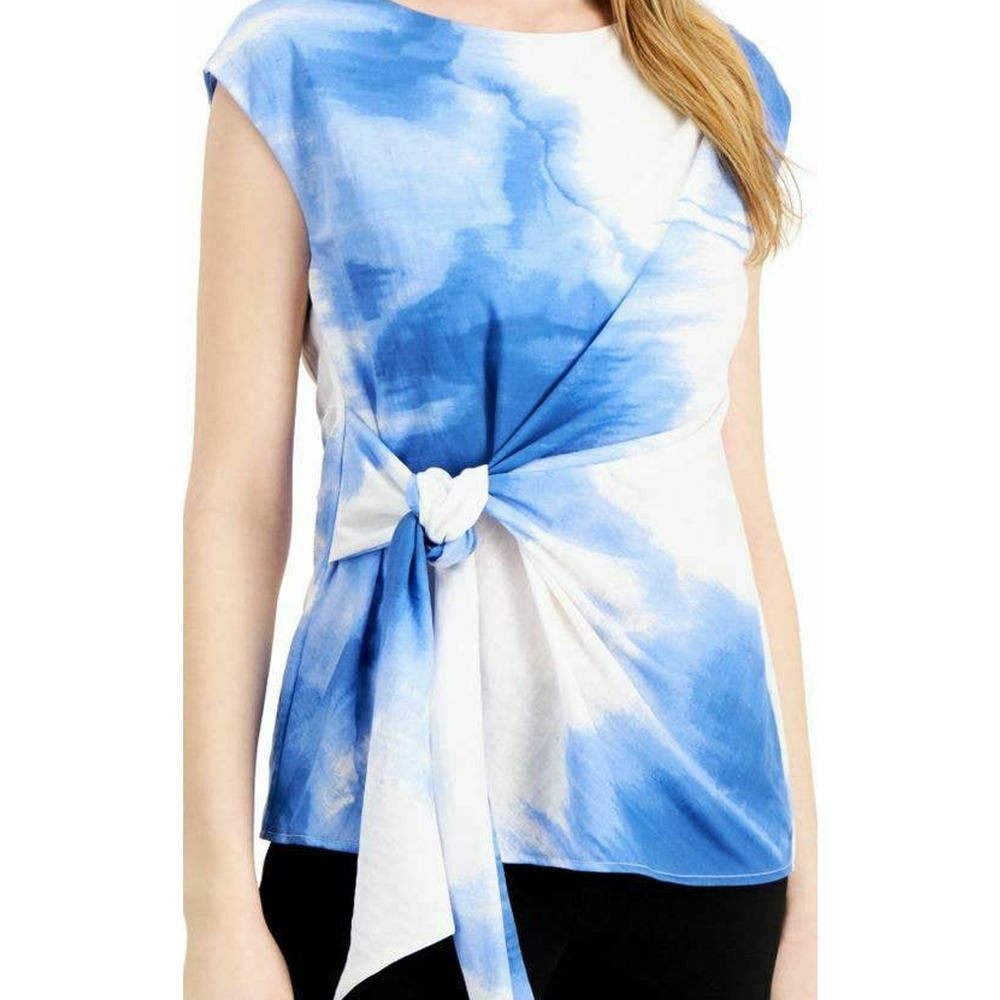 ALFANI  Small Blue white Watercolor Wash Printed Side Tie Blouse Shirt Top B18